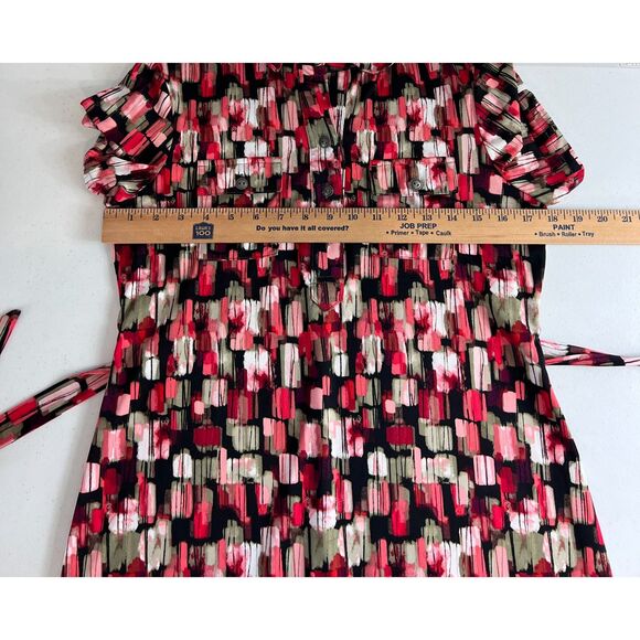 New Directions Shirt Dress Pink Red Black Green Print Tie Belt Women's Petite M - Picture 6 of 10